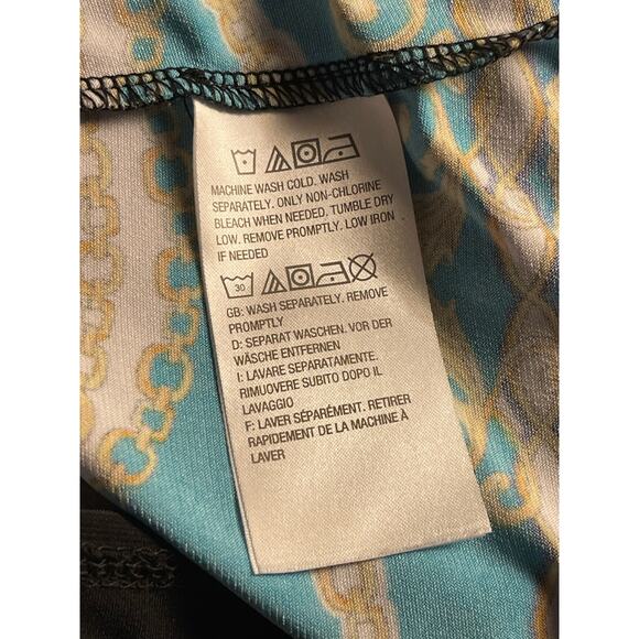 Susan Graver Size Small Liquid Knit Blue Green Yellow Printed Cold Shoulder Top - Picture 7 of 10